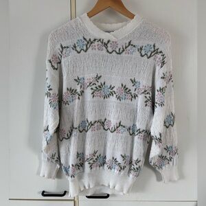 Vintage Floral Knit Sweater Women Medium Cottagecore Chevron collar Y2K 90s